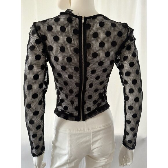 Marciano Women's Top Blouse Polka Dot Mesh Long Sleeve Black Full Zip S - Picture 4 of 8